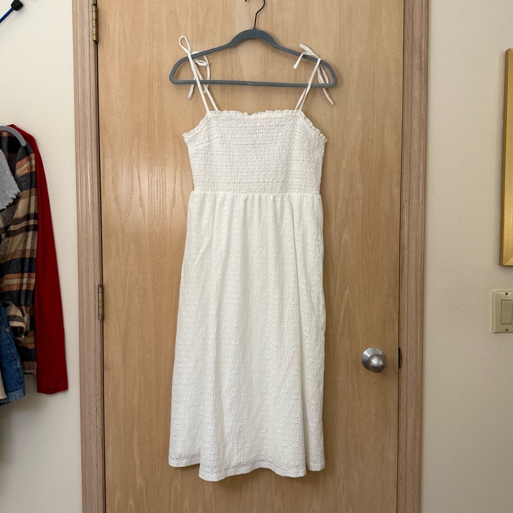 H&M White Smocked Eyelet Midi Dress Size Medium